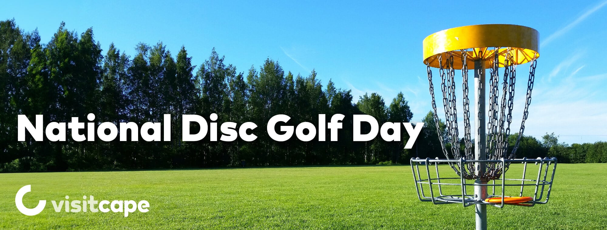 Disc golf basket in a green field.